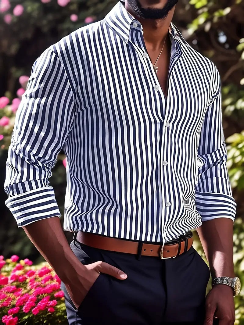 Ins Stripe Printed Long Sleeve Shirt Men Fashion Casual Lapel Button Top Clothing