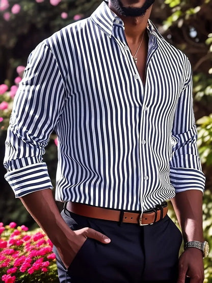 Ins Stripe Printed Long Sleeve Shirt Men Fashion Casual Lapel Button Top Clothing