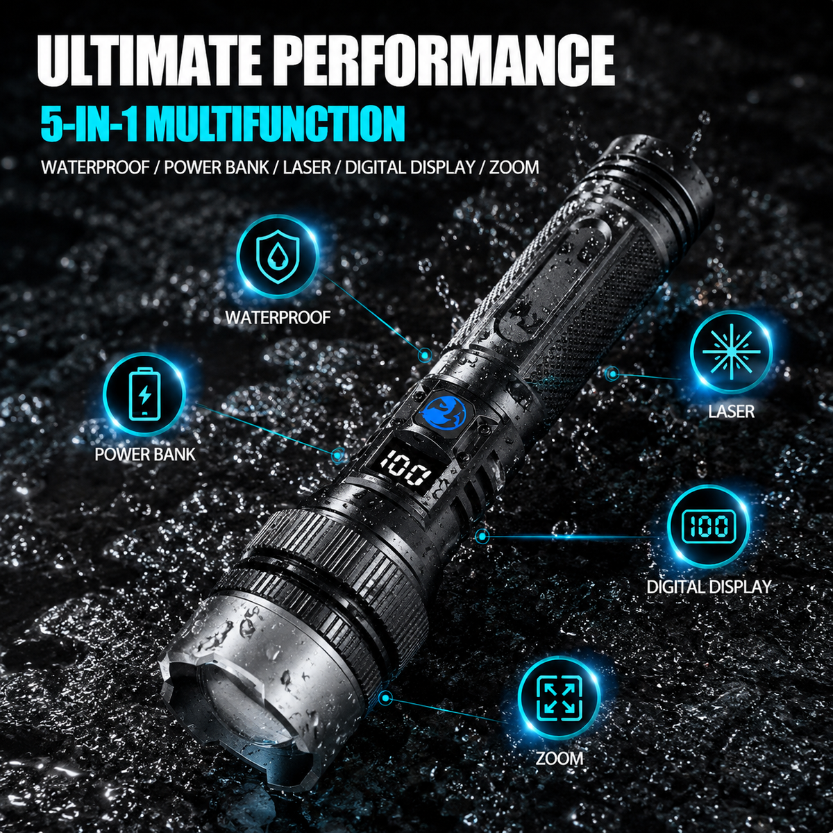 Vexlima™Pro Tactical Flashlight — Ultra-Bright Zoom LED Flashlight with Built-In Power Bank & Digital Battery Display